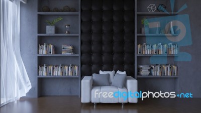 3d Living Room With Leather Wall Stock Photo