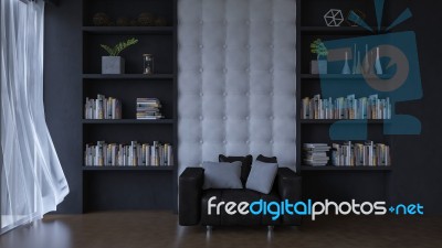 3d Living Room With Leather Wall Stock Photo