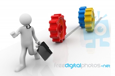 3d Man Business Man Running And Some Colourful Wheel Gears Stock Image