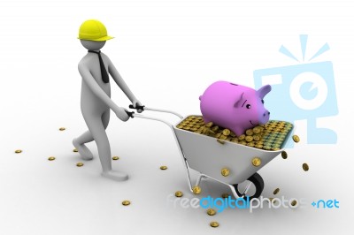 3d Man Carrying Money In A Wheelbarrow Stock Image