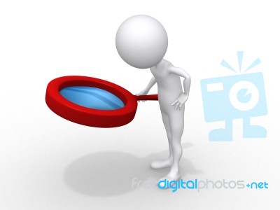 3d Man Holding Magnifier Stock Image