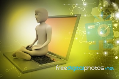 3d Man In Meditation With Laptop Stock Image