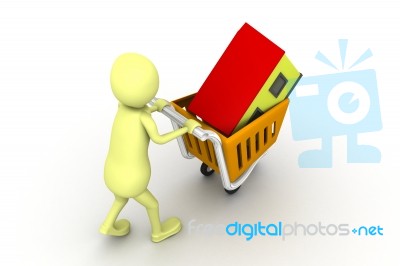 3d Man Pushing House On Card Stock Image