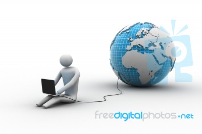 3d Man Sit Near The Globe With Laptop Stock Image