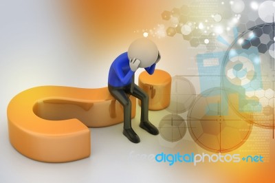 3d Man Sitting On A Question Mark Stock Image