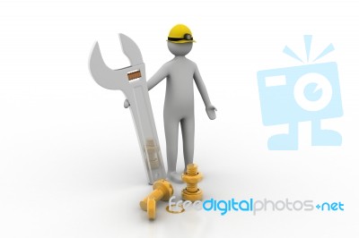 3d Man Standing With A Steel Wrench Stock Image