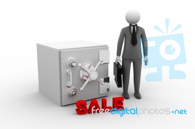 3d Man Wearing A Tie Sitting On A Safe Stock Image