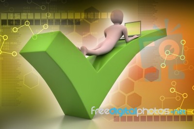 3d Man With Laptop Lying On The Right Mark Stock Image