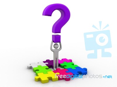 3d Man With Multicoloured Puzzles An Big Question Mark Stock Image