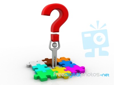 3d Man With Multicoloured Puzzles An Big Question Mark Stock Image