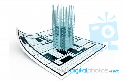 3d Modern Building And Plan Blueprint Stock Image