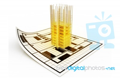 3d Modern Building And Plan Blueprint Stock Image