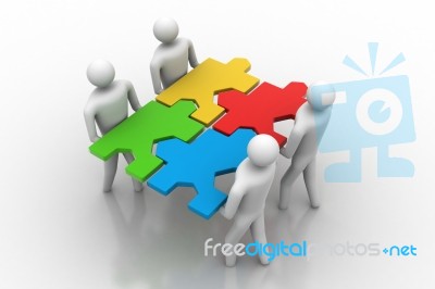 3d People - Team With The Puzzles In Hands Stock Image