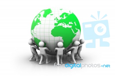 3d People With  Green World Globe Stock Image