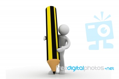 3d Person Writing With A Huge Yellow Pencil Stock Image