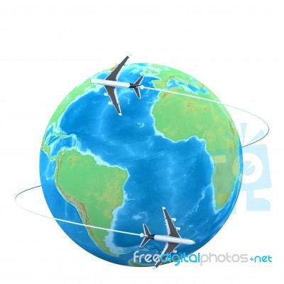 3d Planes Flying Around The Globe Stock Image