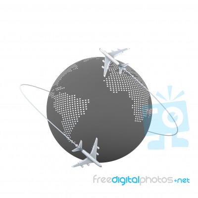 3d Planes Flying Around The Globe Stock Image