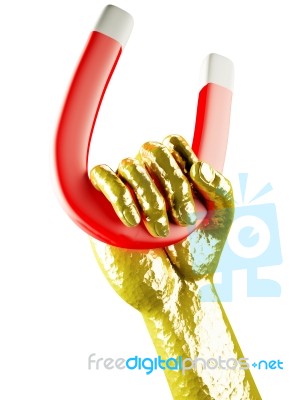 3d Render Of Gold Hand With Magnet Isolated On White Background Stock Image