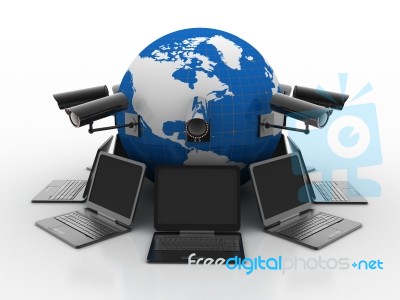 3d Rendering Computer Network With Cctv Camera Stock Image