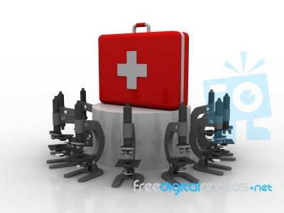 3d Rendering Microscope With First Aid Box Stock Image