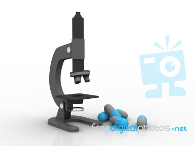 3d Rendering Microscope With Pill Stock Image