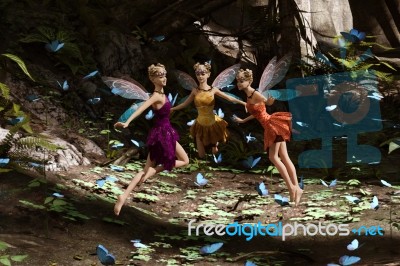 3d Rendering Of A Fairies Flying In Magical Forest Stock Image