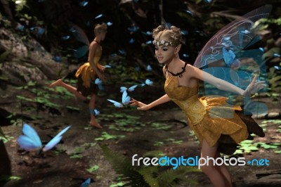 3d Rendering Of A Fairies Flying In Magical Forest Stock Image