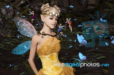 3d Rendering Of A Fairies Flying In Magical Forest Stock Image