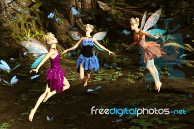 3d Rendering Of A Fairies Flying In Magical Forest Stock Image