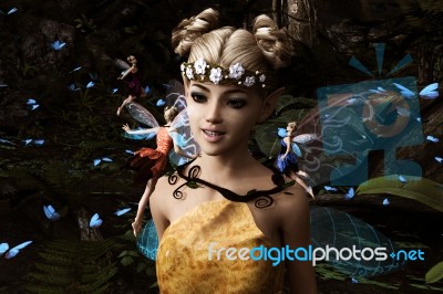 3d Rendering Of A Fairies Flying In Magical Forest Stock Image