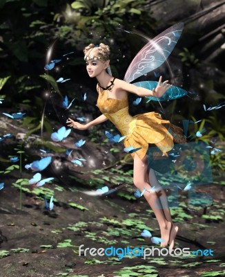 3d Rendering Of A Fairy Flying In A Magical Forest Stock Image