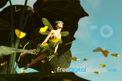 3d Rendering Of A Happy Fairy Flying Out From A Big Green Leaf Stock Image