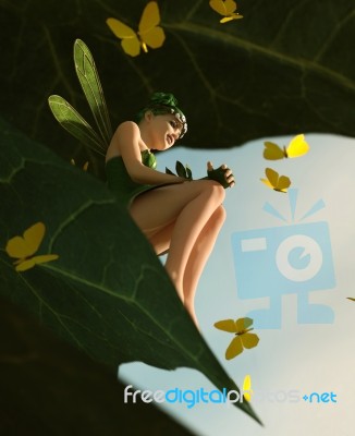 3d Rendering Of A Happy Fairy Sitting On A Big Green Leaf Stock Image