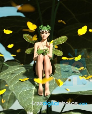 3d Rendering Of A Happy Fairy Sitting On A Big Green Leaf Stock Image