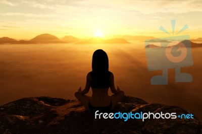 3d Rendering Of Woman Doing Yoga And Meditates On The Mountain Stock Image