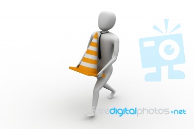 3d Small Person Carrying The Traffic Cone Stock Image