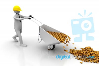 3d White Man Carries A Wheelbarrow Of Gold Coins Stock Image