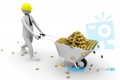 3d White Man Carries A Wheelbarrow Of Gold Coins Stock Image