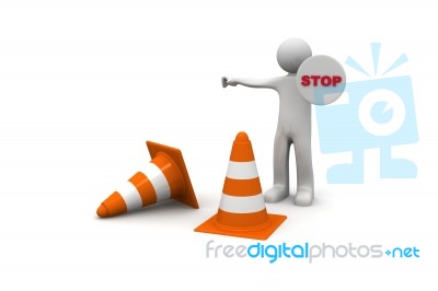 3d White People Stop Sign With Traffic Cones Stock Image