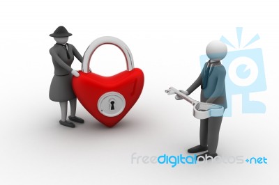 3d White Person With The Key To Her Heart Padlock Stock Image