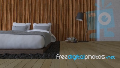 3ds Bed And Bamboo Wall Stock Photo