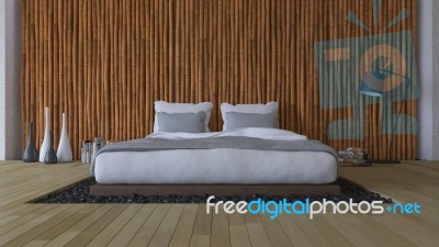 3ds Bed And Bamboo Wall Stock Photo