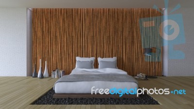 3ds Bed And Bamboo Wall Stock Photo