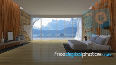 3ds Bed And Bamboo Wall Stock Photo