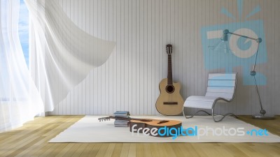 3ds Guitar In The Room Stock Photo