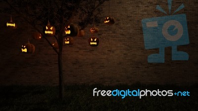 3ds Pumpkin Head Hang From Tree Stock Photo