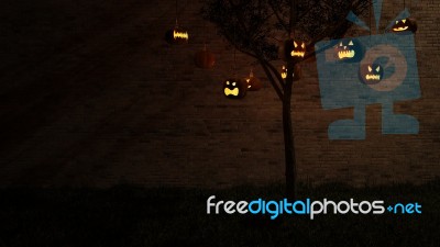 3ds Pumpkin Head Hang From Tree Stock Photo