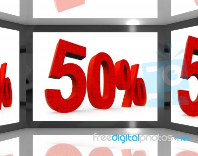 50 On Screen Showing Discount On Televisions And Price Reduction… Stock Image