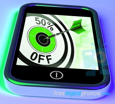 50 Percent Off On Smartphone Showing Great Offers Stock Image