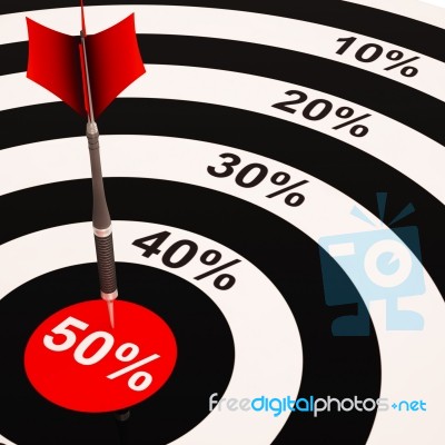 50percent On Dartboard Shows Big Savings Stock Image